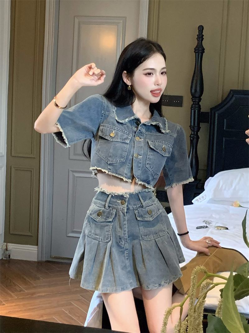 【set】半袖ジャケット+スカートデニム2点セットF7529