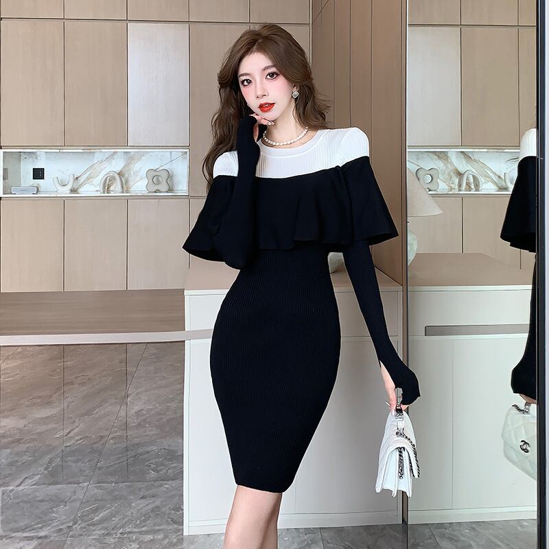 【dress】フリルドッキングニットワンピース　M18575
