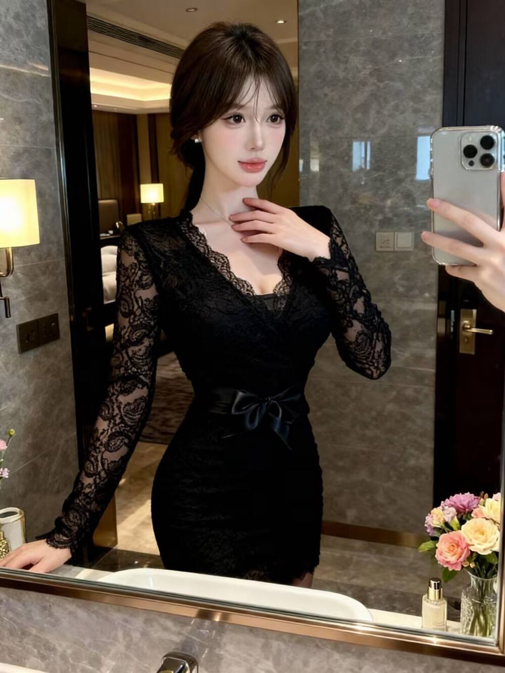 【dress】Vネックレースタイトワンピース Q7460