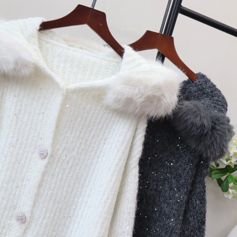 【outer】ファー付きニットカーディガン Q6991