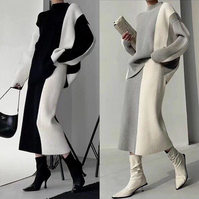 【set】ハイネックセーター+スカート配色２点セット F6295