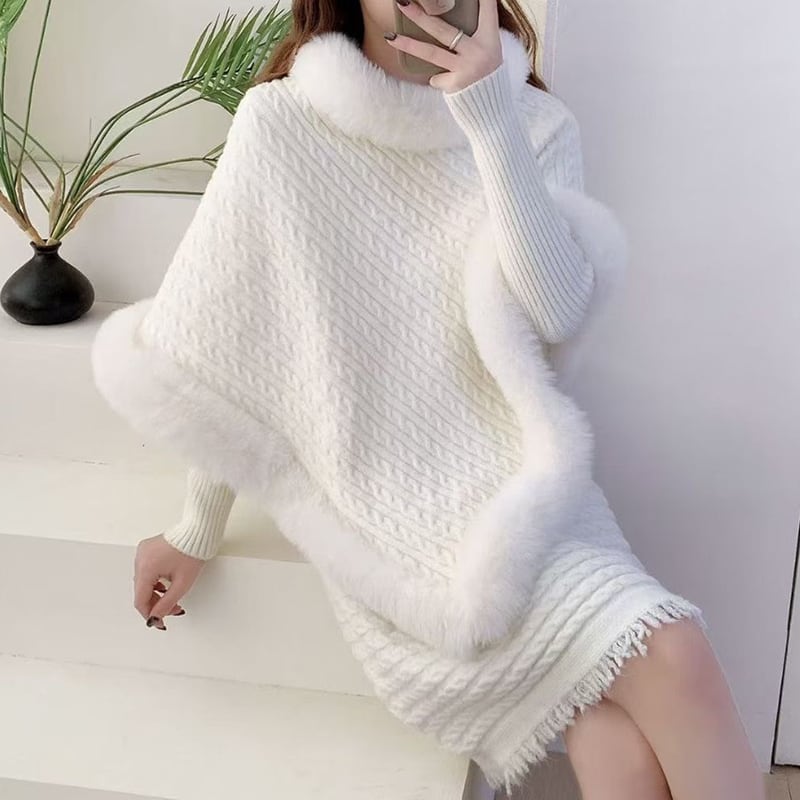【set】ファー付きケープ×ニットトップス×ミニスカート3点セット Q7837