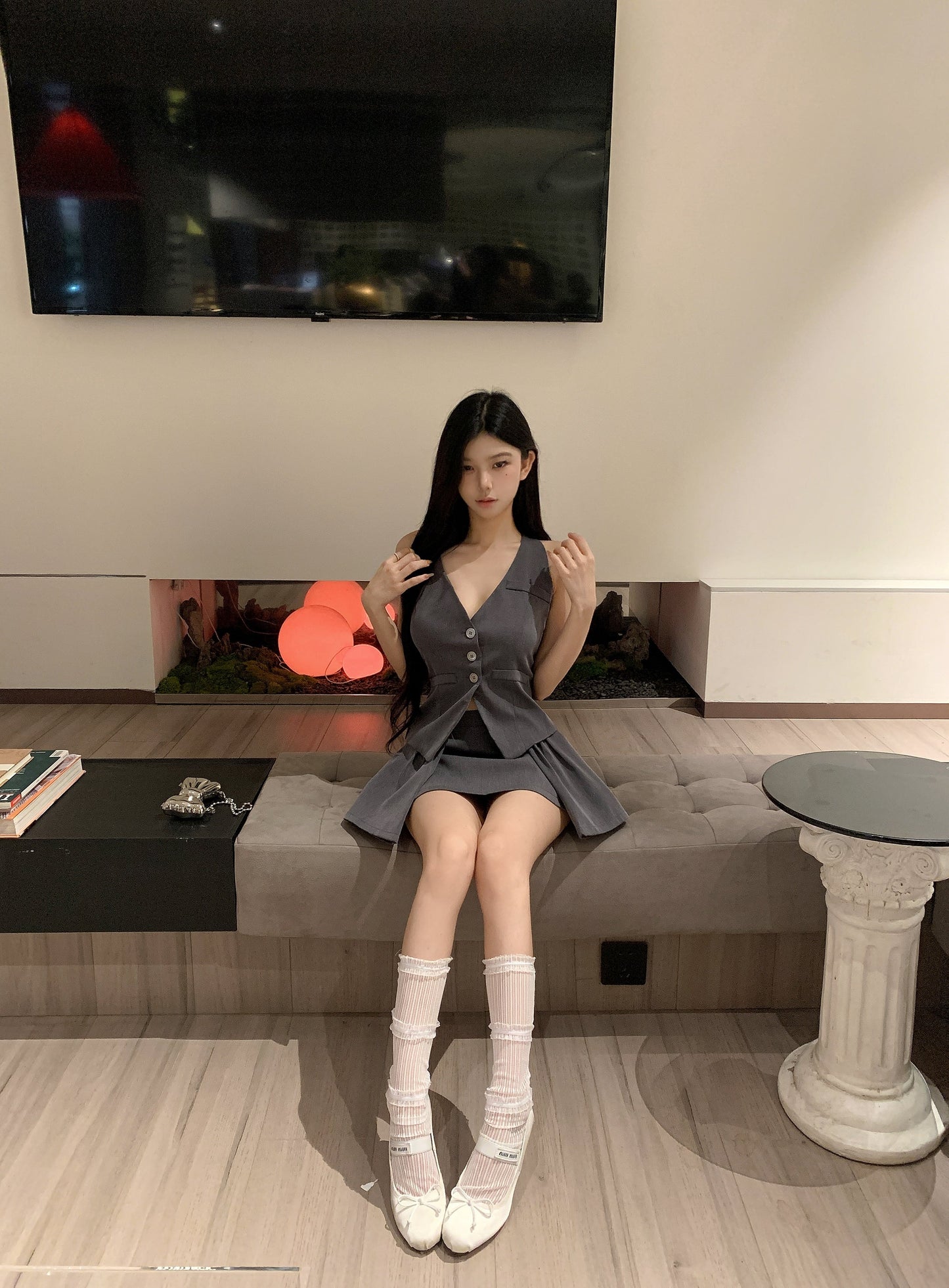 【set】リボンホルターネックチョッキ+スカート２点セットG21404