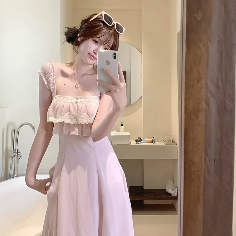 【dress】レースフリルロングキャミワンピース Q8465