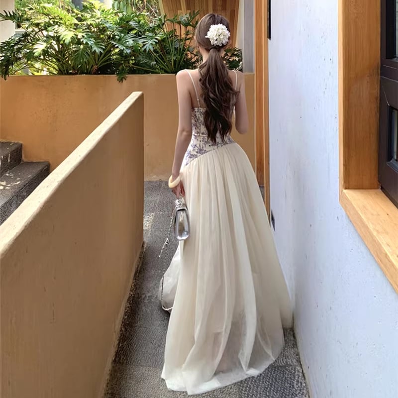 【dress】チュールドッキング花柄キャミワンピース Q8398