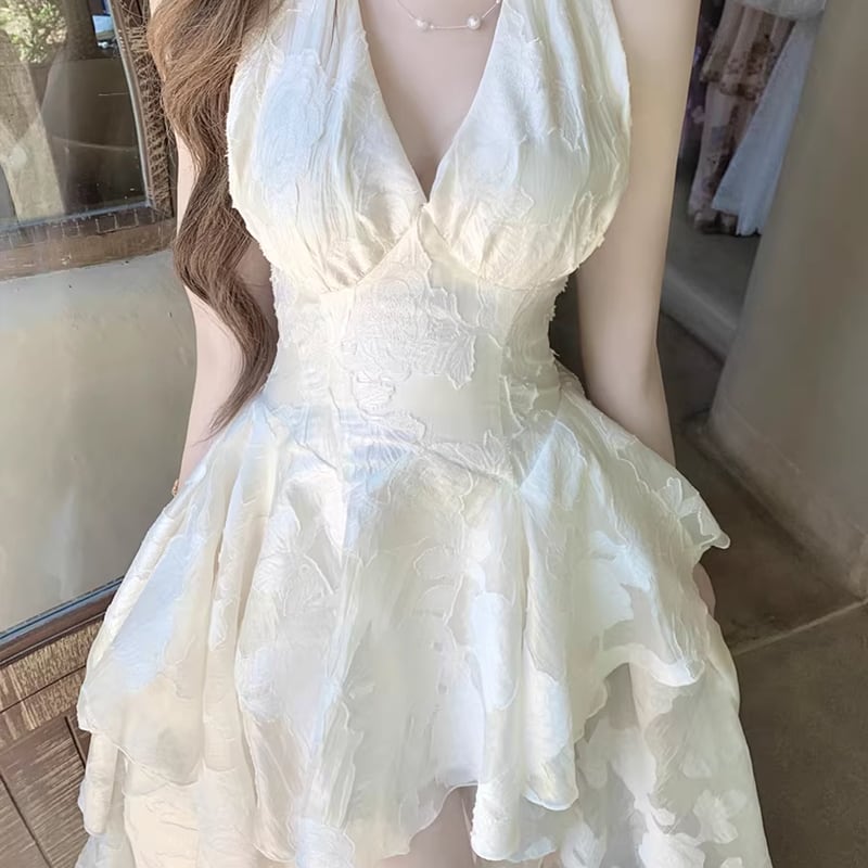 【dress】ホルターネックレースイレヘムワンピース Q8412