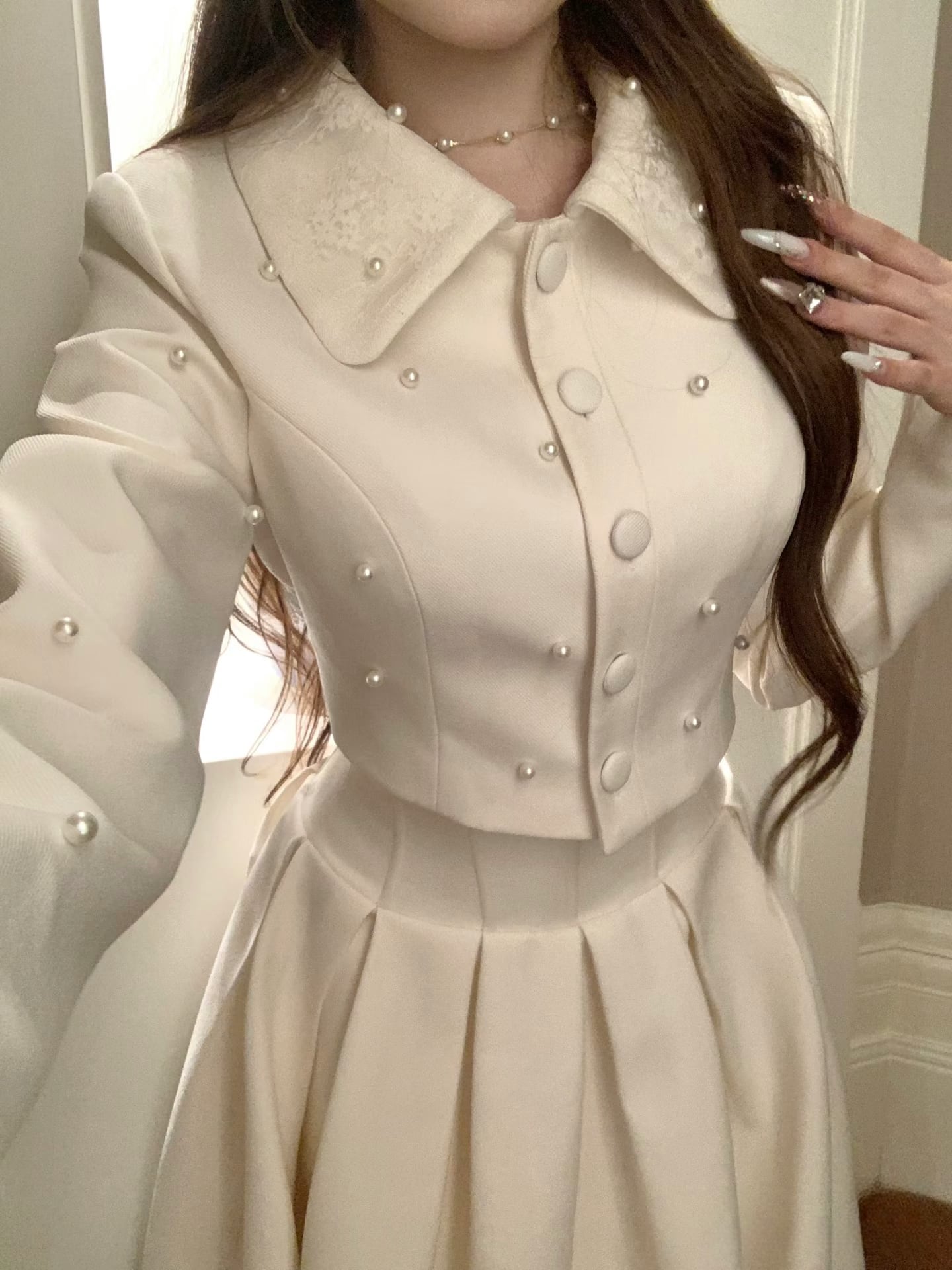 【set】パール付きショートジャケット×ロングスカートセット N3401