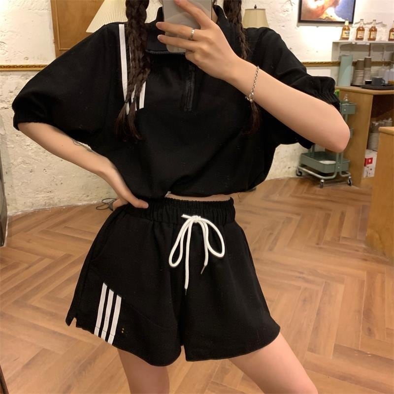 【set】INS風カジュアル気質満点POLOネックトップス+ショートパンツレディース２点セット G13533