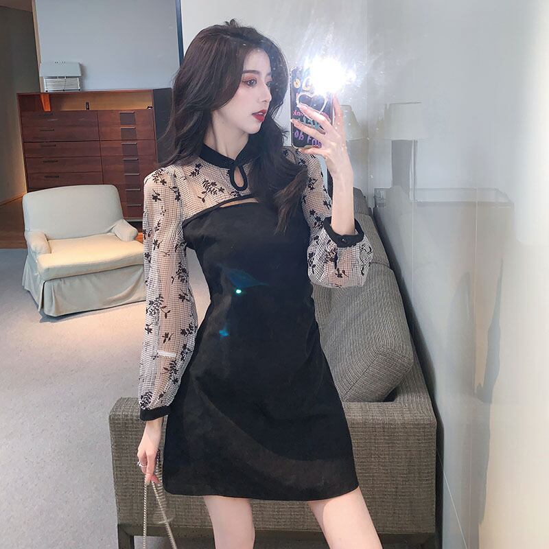 【dress】韓流スタイル!気質満点秋冬スタンドネックデザイン切り替えワンピース G2066