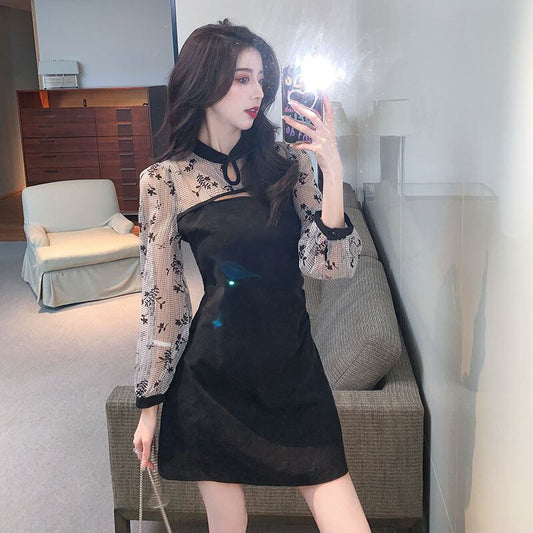 【dress】韓流スタイル!気質満点秋冬スタンドネックデザイン切り替えワンピース G2066