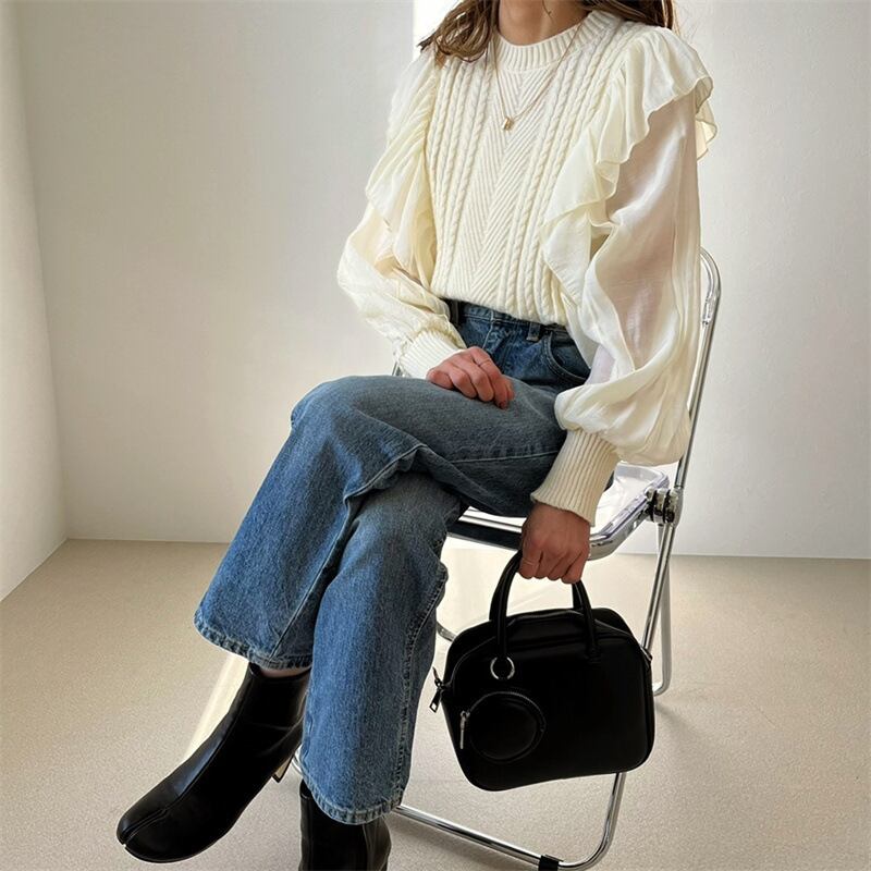 【tops】フリルドッキングニットトップス　M18437