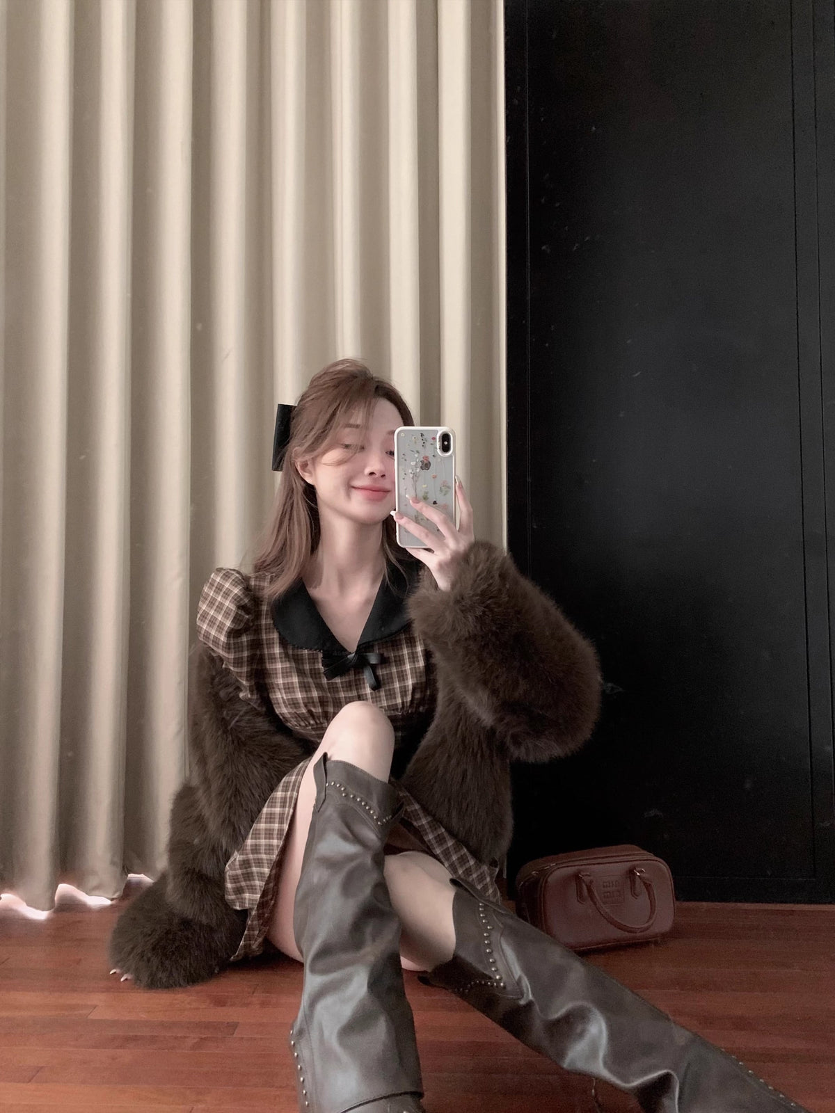 【dress】チェック柄ピーターパンカラーワンピース Q7342