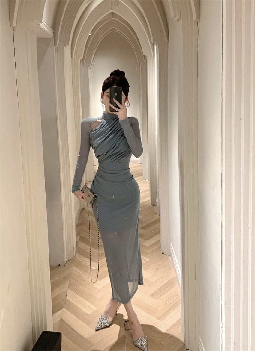 【dress】ギャザーメッシュタイトワンピース G20643