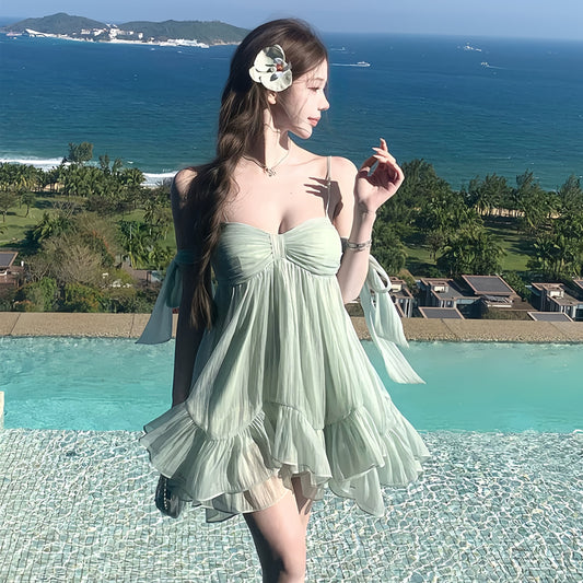 【dress】リボン付きフリルミニワンピース Q8405