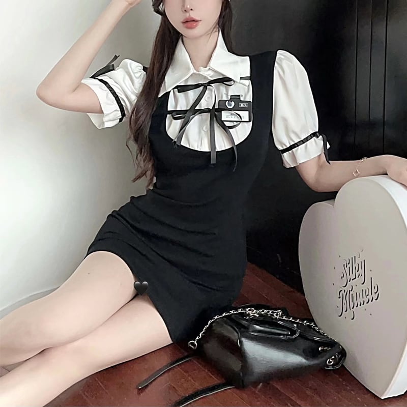 【dress】リボン付きフェイクレイヤードワンピース Q8415
