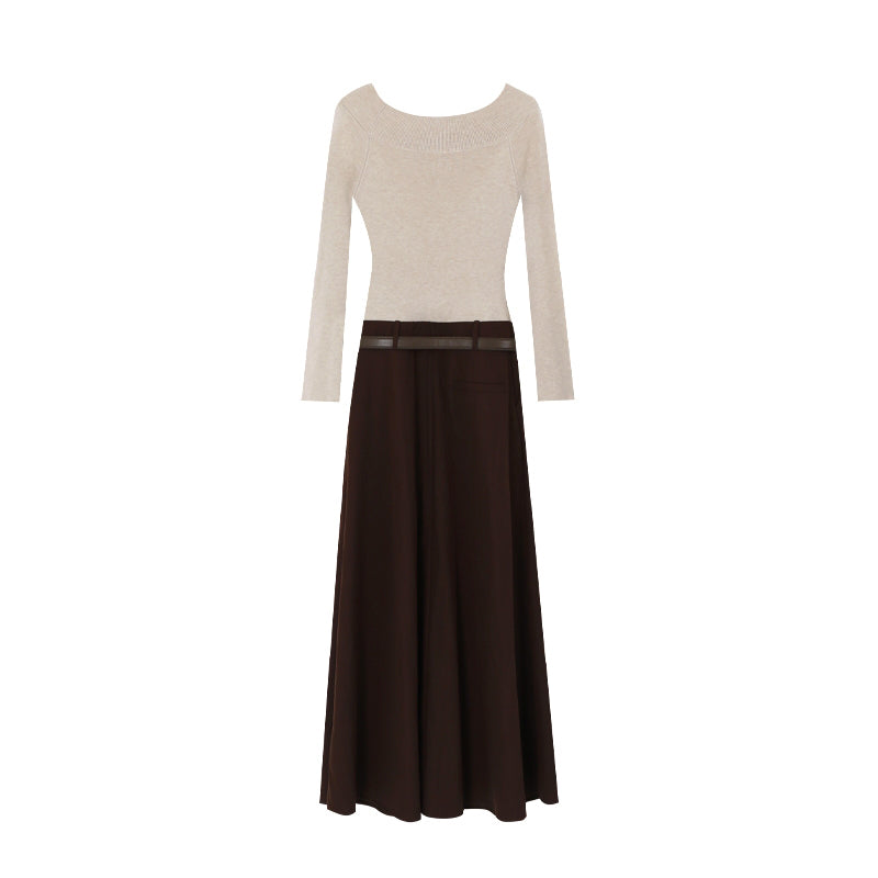 【dress】ベルト付きニットドッキングロングワンピース Q8926