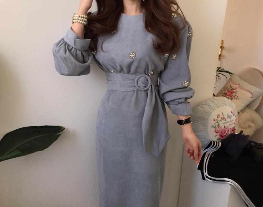 【dress】 韓国系気質満点レトロスウィートパフスリーブ着痩せコールテンワンピース G1775