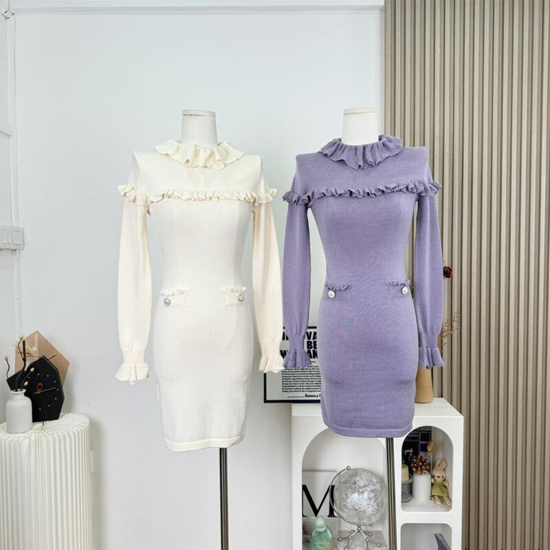 【dress】ギャザーフリルニットワンピース Q7676
