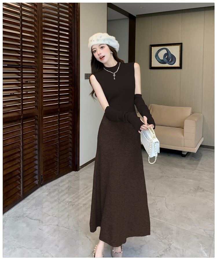 【dress】アームカバー付きドッキングニットワンピース　M28118