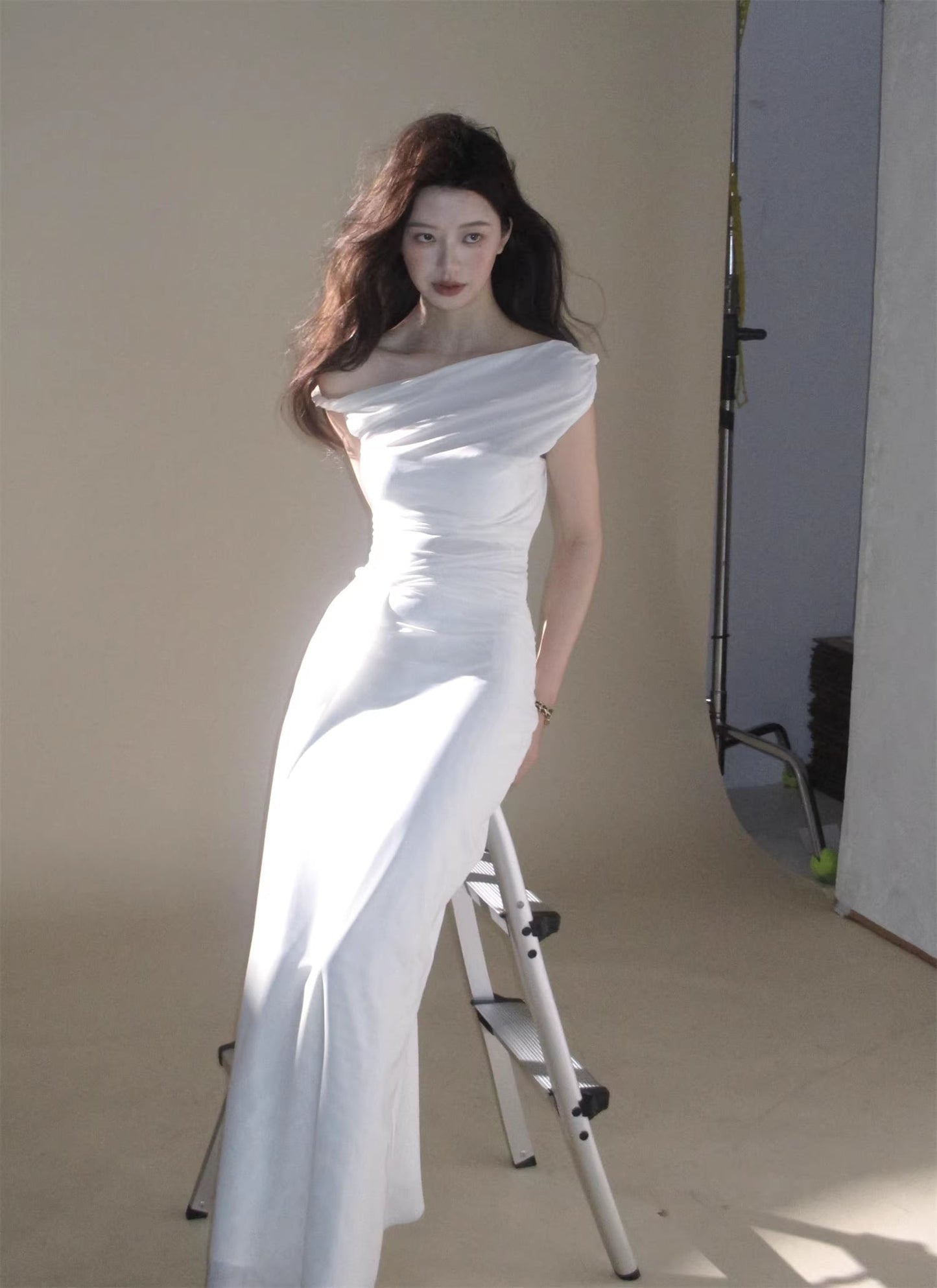 【dress】オフショルダーチュールロングワンピース Q8378