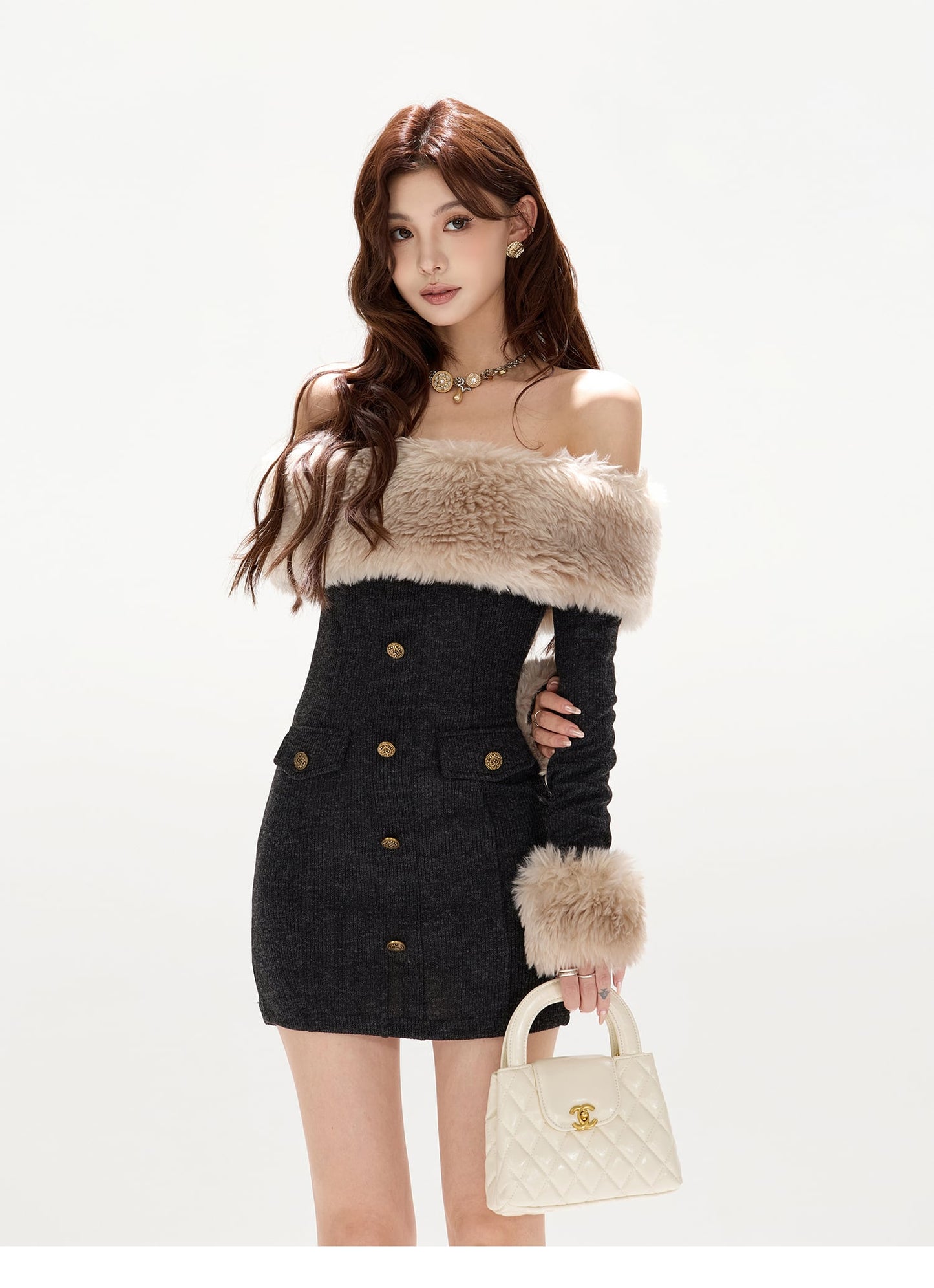 【dress】ファーオフショルニットワンピース　N3467