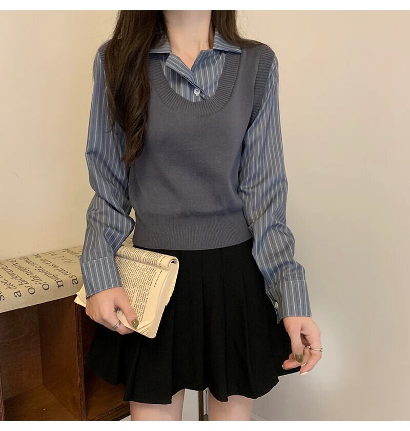 【tops】POLOネック切り替えニットトップス　N2834