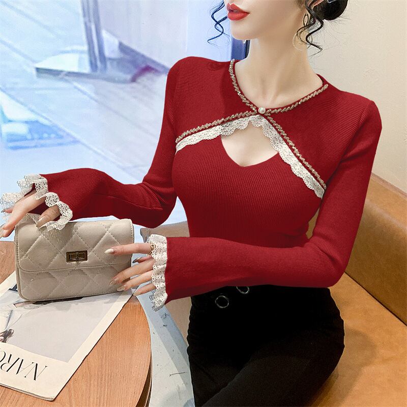 【tops】ビジューレース切り替えニットトップス　M27966