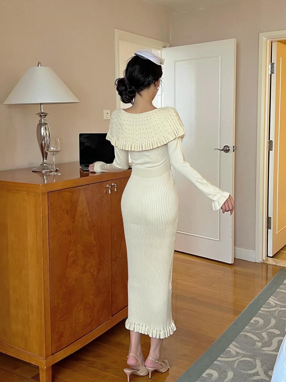 【dress】ラバティンカラーニットワンピース Q7046