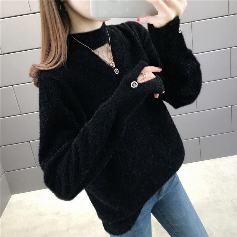 【tops】選べる5色！ハーフネック長袖メッシュ切り替え無地お洒落韓国風ニットセーターF0861