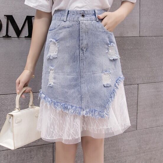 【bottoms】おすすめファッションレースハイウエスト切り替えゆったりデニムスカート