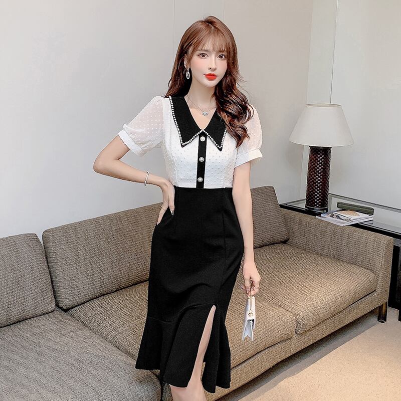 【dress】気質満点スリットマーメイドドールカラーセーターパフスリーブワンピース