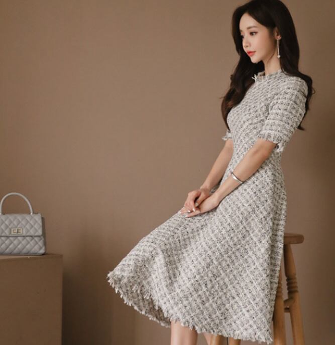 【dress】OL通勤好感度UP!気質満点韓国風知的5分袖 ハイウエストワンピース G0402