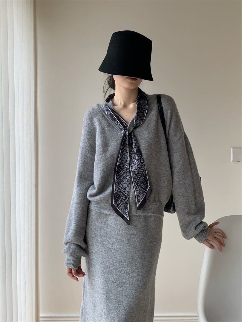 【set】スカーフ付きニットトップス×ロングスカートセット　N3452