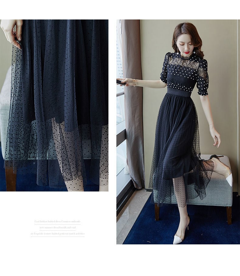 【dress】好感度UP!気質満点フェミニンレース体型カバードット柄ワンピース G0506