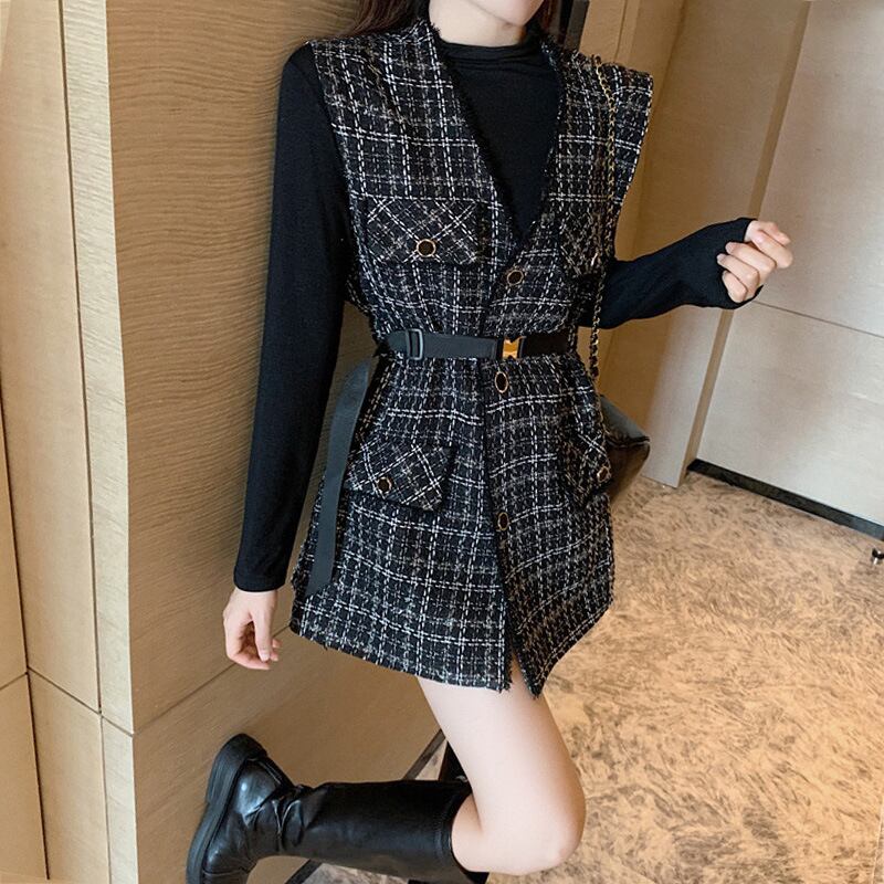 【set】オシャレ度満点〜無地着やせＴシャツ+チェック柄ベスト通勤日常ファッション2点セットF0782