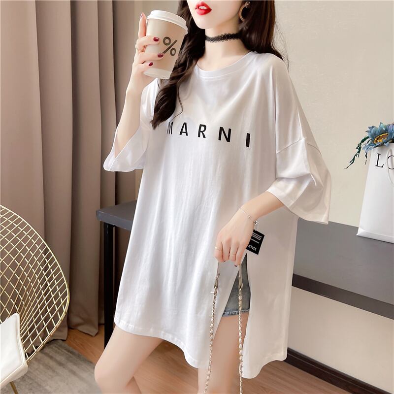 【tops】ラウンドネック半袖大きいサイズゆったりスリットTシャツF0074