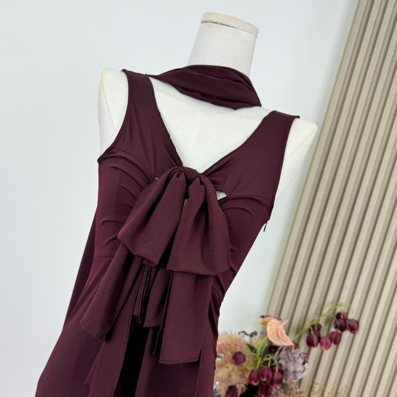 【dress】スカーフ付きノースリーブリボンロングワンピース Q7817