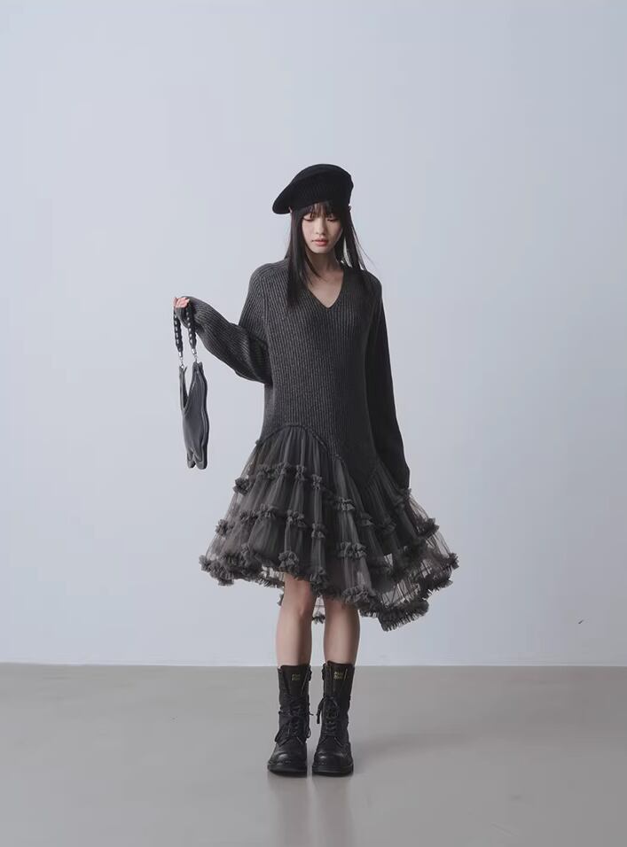 【dress】チュールドッキングウールワンピース Q7963