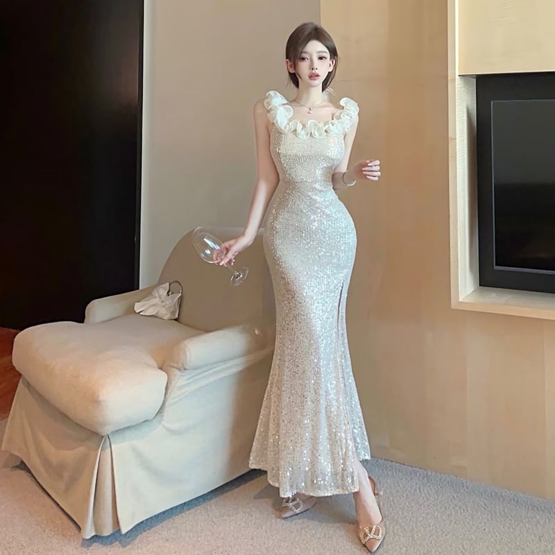 【dress】スパンコール付きオフショルダーロングワンピース Q8041