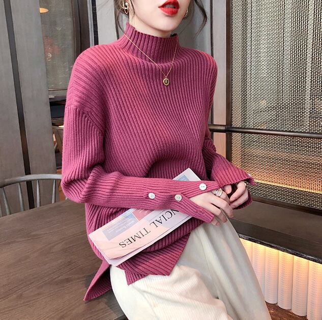 【tops】女性力を高める〜ハーフネック長袖体型カバーファッション無地ニットセーターF0839