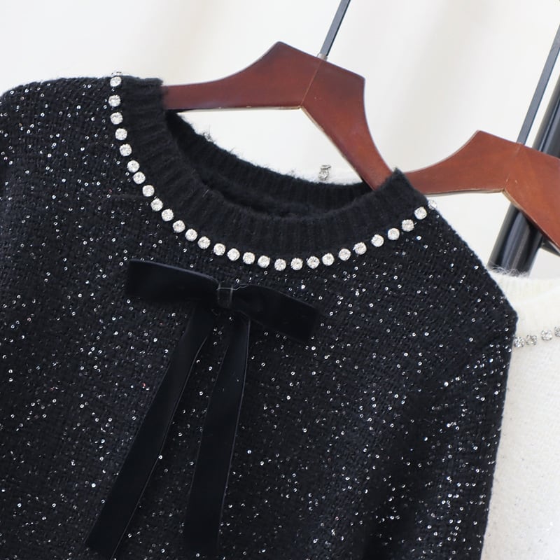 【tops】ビジューリボン付きニットセーター　M28375