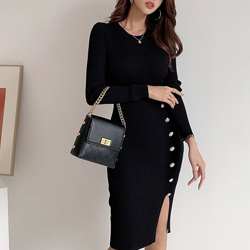 【dress】スリット入れニットワンピース Q7364