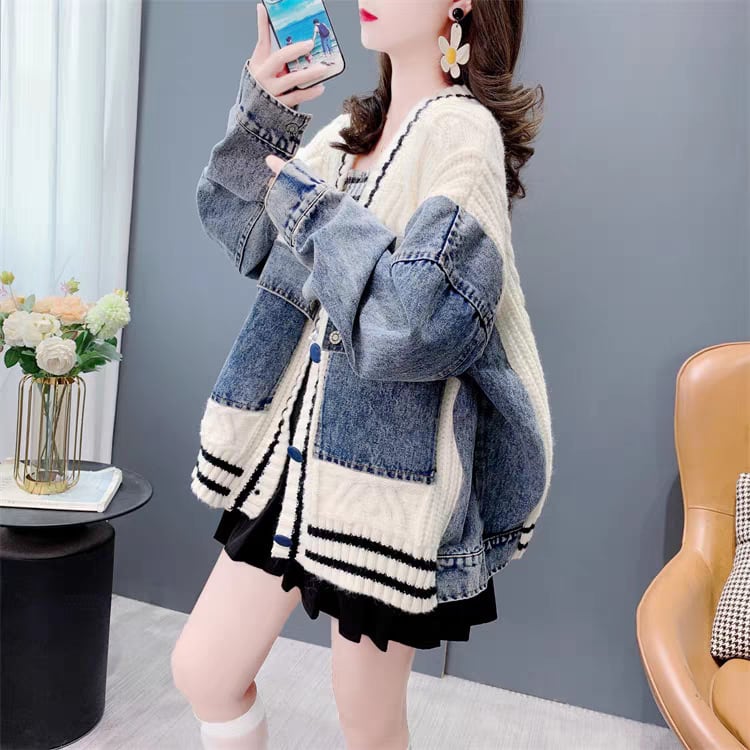 【outer】デニム切り替えニットカーデ　M25747