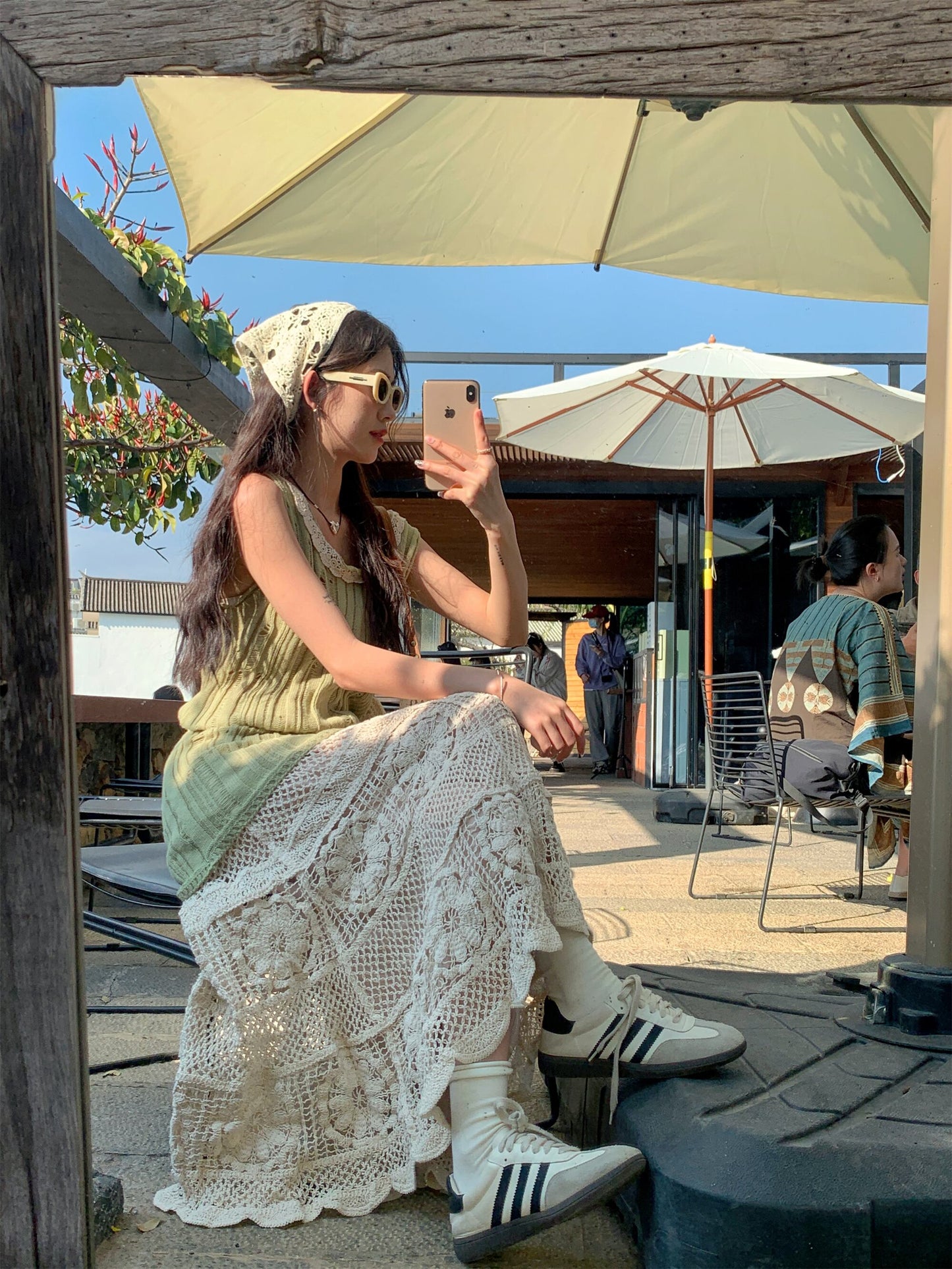 【set】ニットベスト+レース透かし彫りスカート２点セットG21099