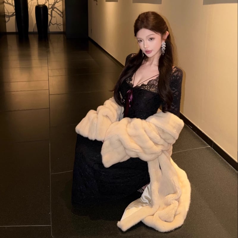 【dress】リボン付きレースタイトワンピース Q7602