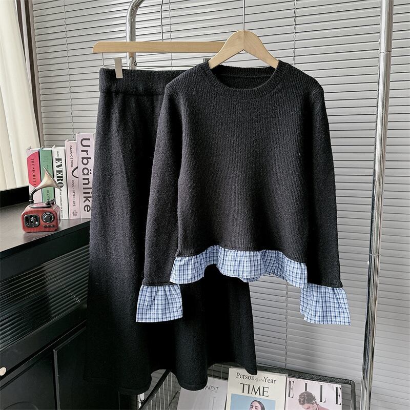 【set】チェック柄切り替えニットセーター×スカートセット　M28388