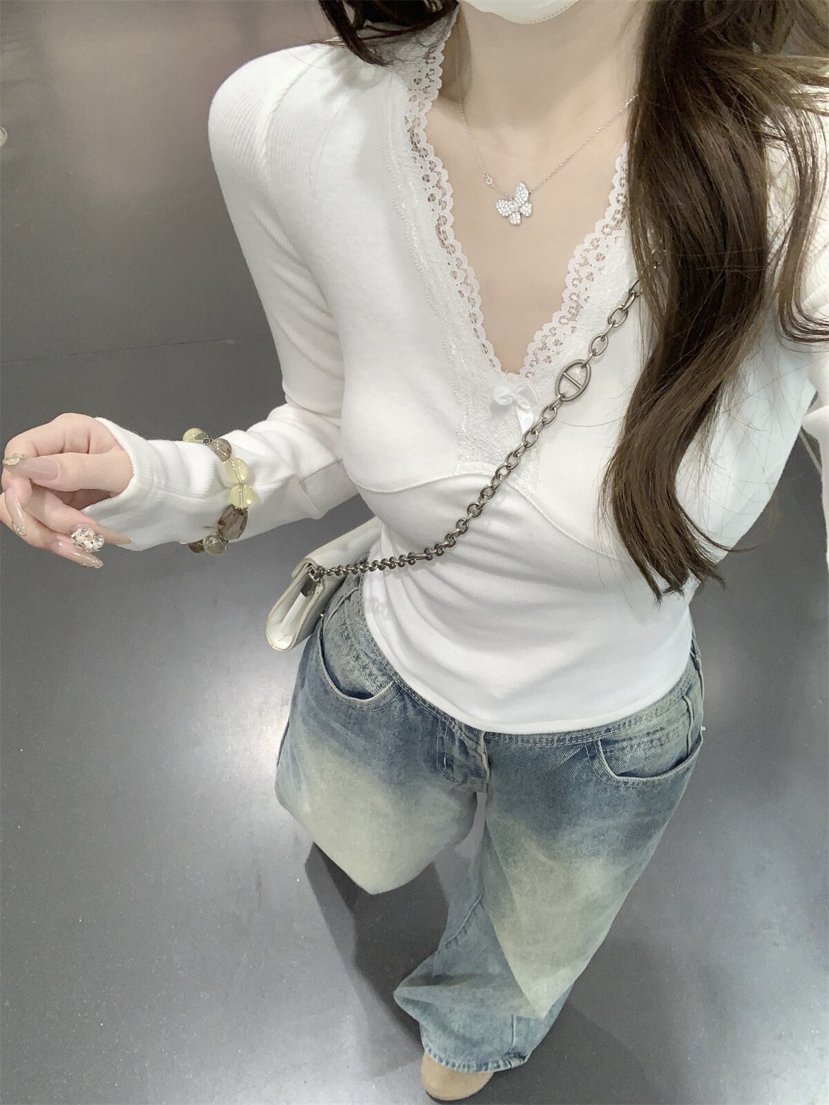 【tops】レース切り替え長袖Tシャツ　M29399