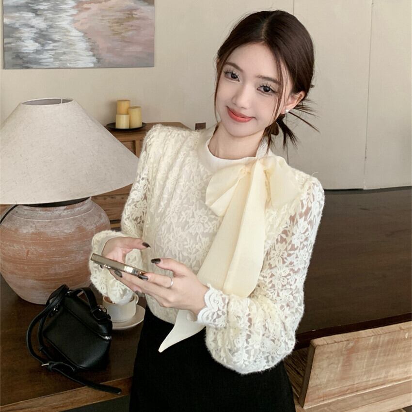 【tops】リボン付き裹起毛レーストップス　M28380