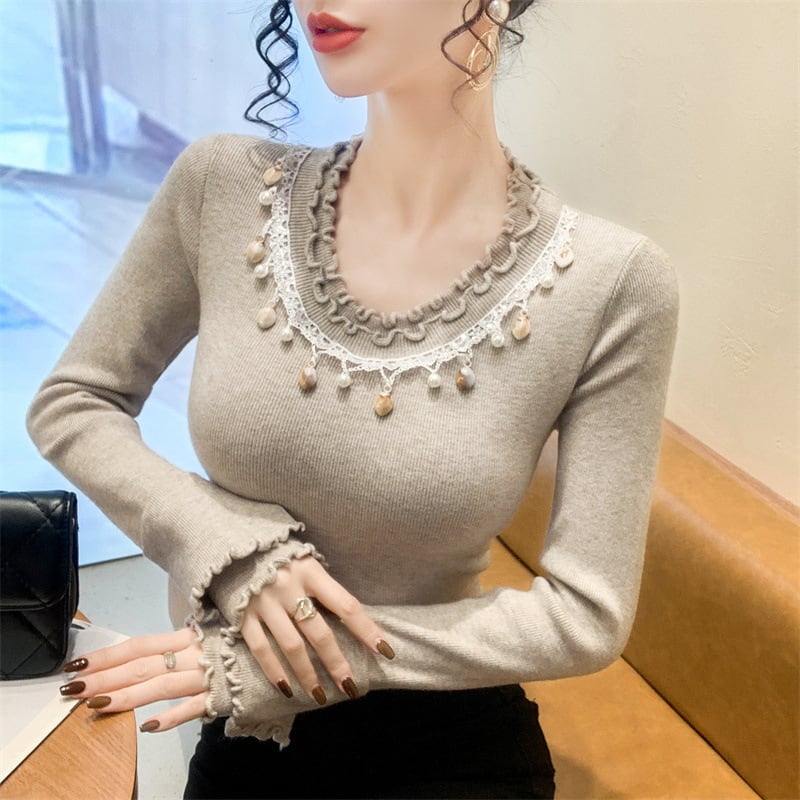 【tops】レース切り替えニットトップス　M28659