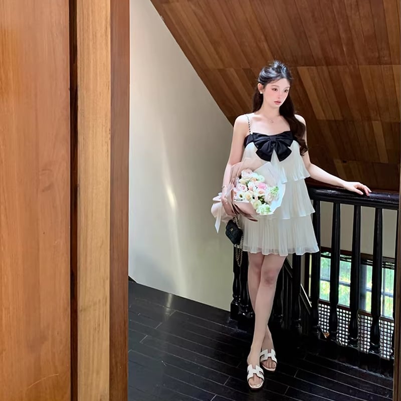 【dress】リボン付きティアードキャミワンピース Q8464